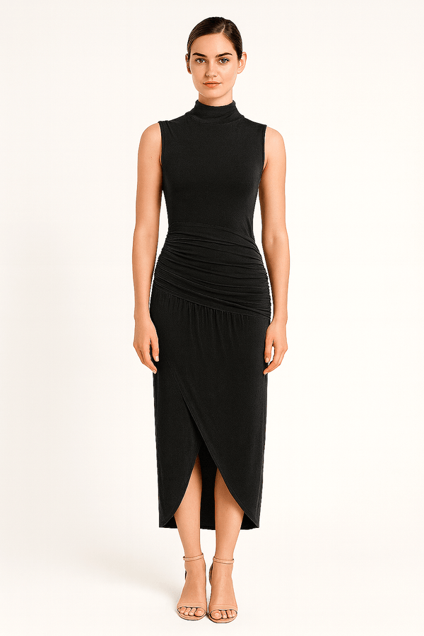 Front view of ruched slim fit jersey sleeveless midi dress, elegant and comfortable in black color