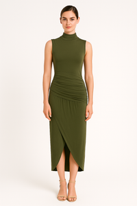 Front view of ruched slim fit jersey sleeveless midi dress, elegant and comfortable