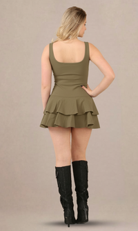 Khaki Ruffled Skirt Pleated Stretch Woven Fabric Skater Playsuit