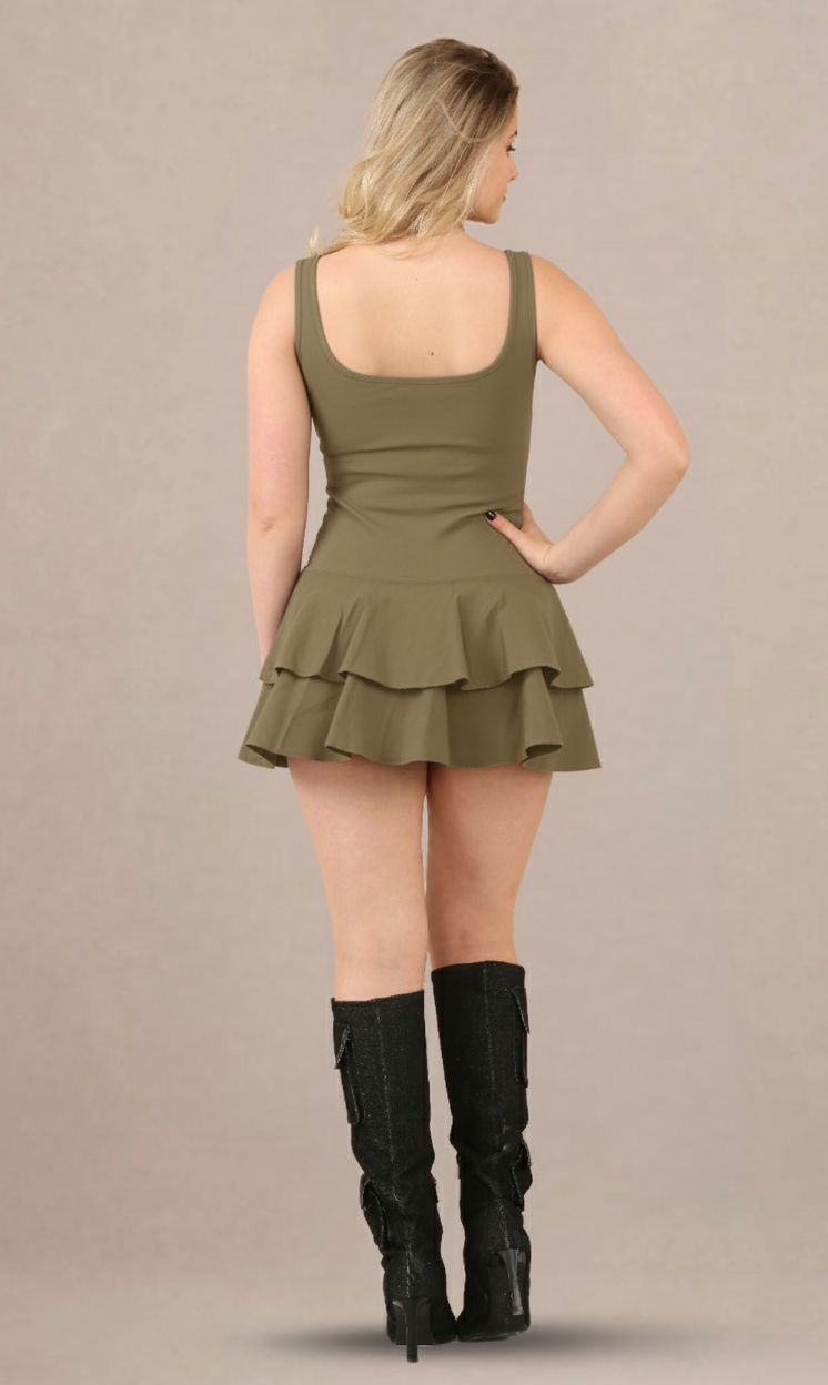 Khaki Ruffled Skirt Pleated Stretch Woven Fabric Skater Playsuit