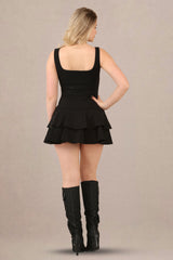 Ruffled skirt pleated stretch woven fabric skater playsuit back view
