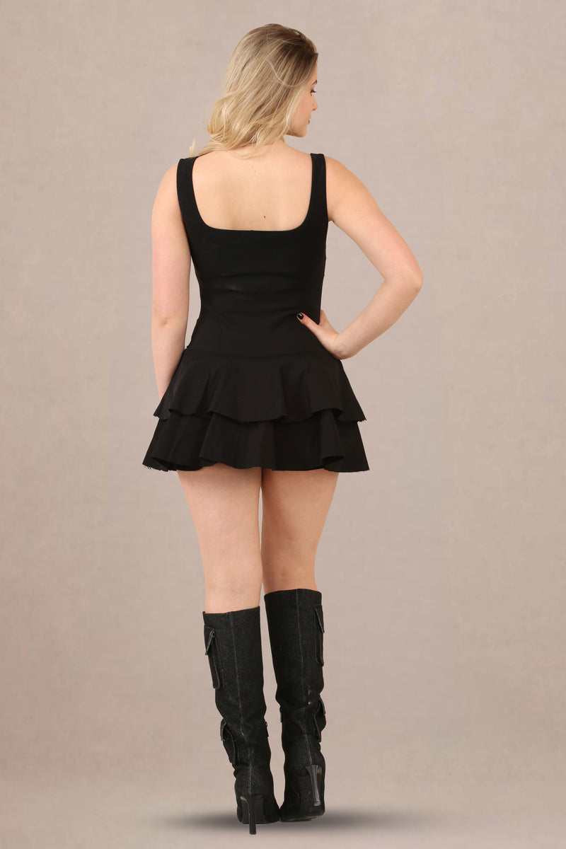 Ruffled skirt pleated stretch woven fabric skater playsuit back view