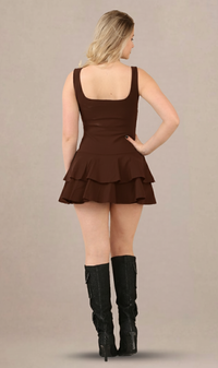 Brown Ruffled Skirt Pleated Stretch Woven Fabric Skater Playsuit