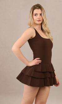 Brown Ruffled Skirt Pleated Stretch Woven Fabric Skater Playsuit
