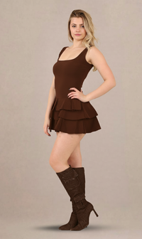 Brown Ruffled Skirt Pleated Stretch Woven Fabric Skater Playsuit