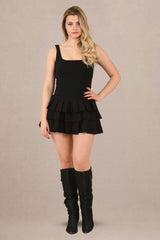 Ruffled skirt pleated stretch woven fabric skater playsuit front view