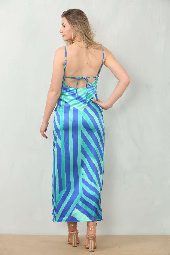 Back view of satin bodycon dress with cowl neck