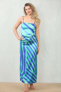 Front view of satin bodycon dress with cowl neck