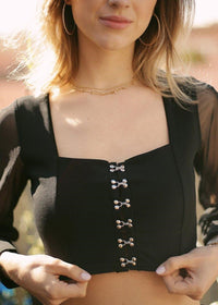 Dramatic Allure: Mesh Puff Long Sleeve Hook & Eye Top - Tops - Avinci