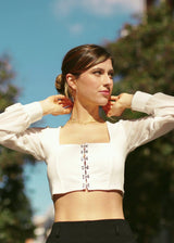 Dramatic Allure: Mesh Puff Long Sleeve Hook & Eye Top - Tops - Avinci
