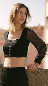 Dramatic Allure: Mesh Puff Long Sleeve Hook & Eye Top - Tops - Avinci