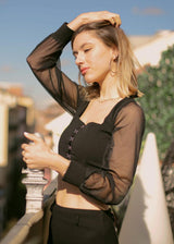 Dramatic Allure: Mesh Puff Long Sleeve Hook & Eye Top - Tops - Avinci