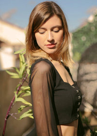 Dramatic Allure: Mesh Puff Long Sleeve Hook & Eye Top - Tops - Avinci