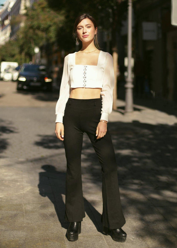 Dramatic Allure: Mesh Puff Long Sleeve Hook & Eye Top - Tops - Avinci