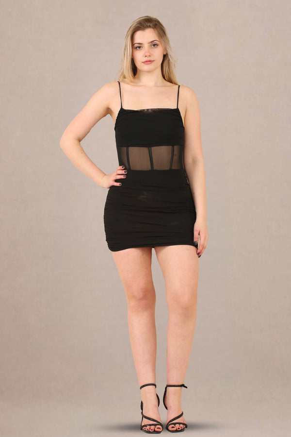 Sheer Waist Mesh Corset Look Bodycon Mini Dress