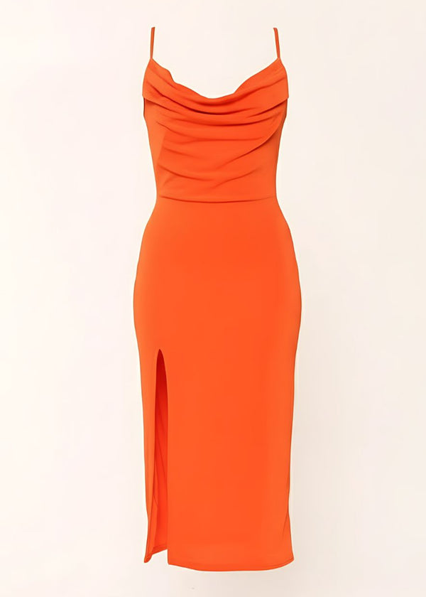 Slinky Cowl Neck Midi Slip Dress With Side Slit