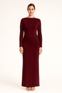 Front view of side ruching bodycon full sleeve jersey evening gown, elegant silhouette in marron color