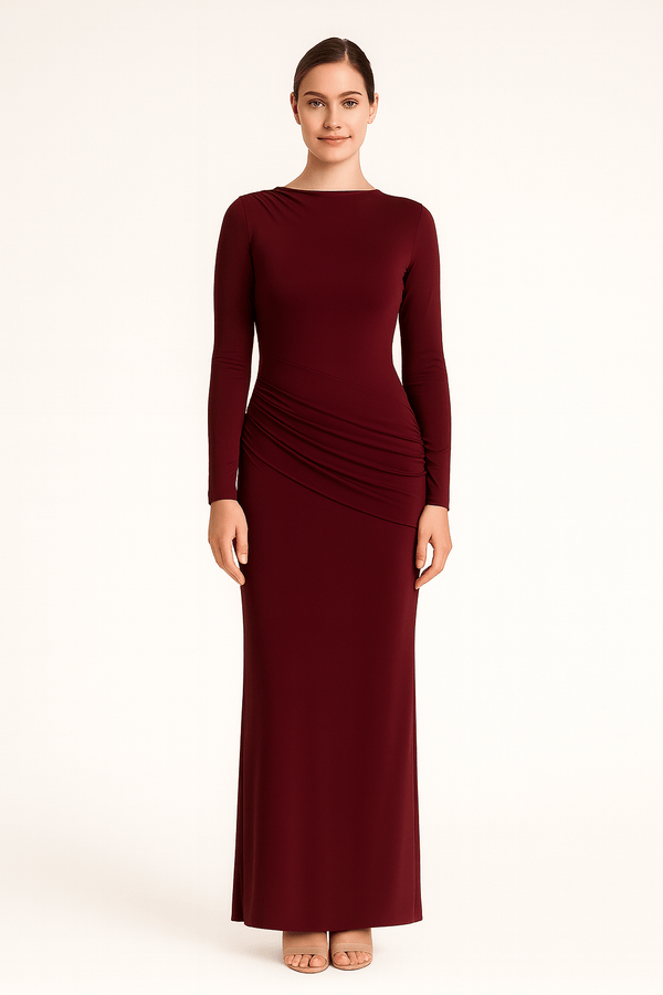 Front view of side ruching bodycon full sleeve jersey evening gown, elegant silhouette in marron color