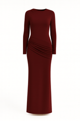 side ruching bodycon full sleeve jersey evening gown, elegant silhouette marron color