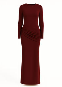 side ruching bodycon full sleeve jersey evening gown, elegant silhouette marron color