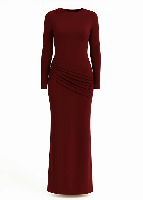 side ruching bodycon full sleeve jersey evening gown, elegant silhouette marron color