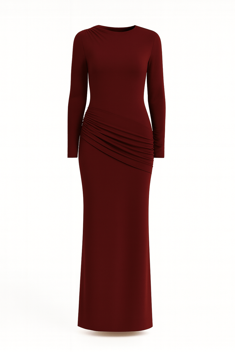 side ruching bodycon full sleeve jersey evening gown, elegant silhouette marron color