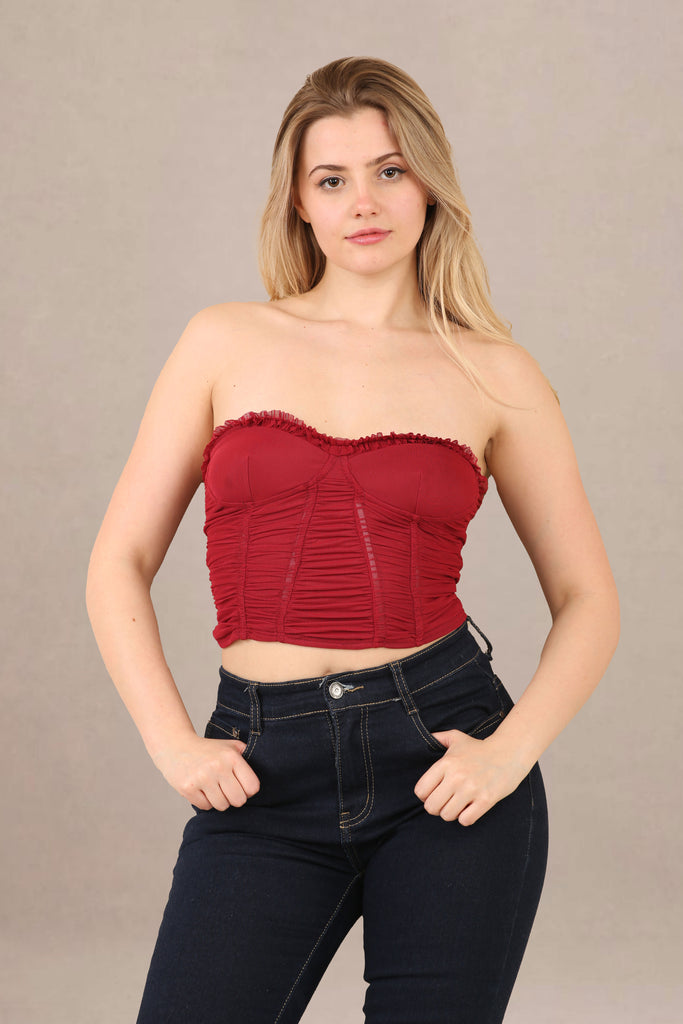 Avinci Brick Red Corset Top with Ruching Details - Tops - Avinci