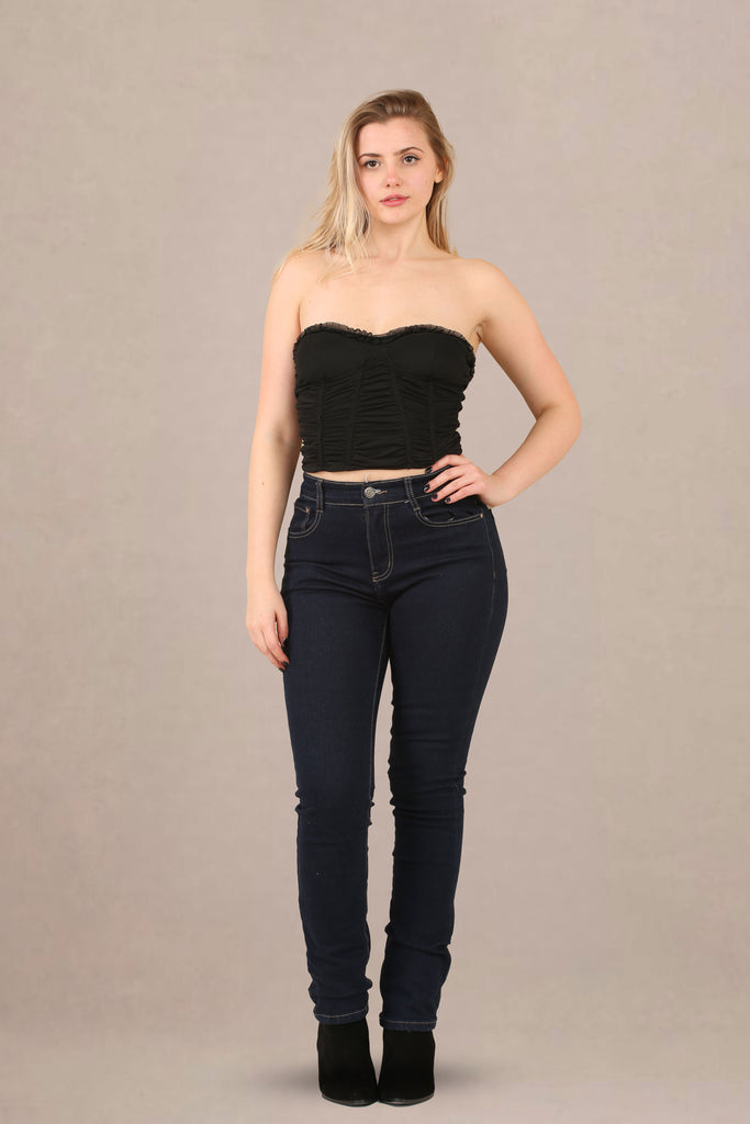 Slim leg denim jeans noir corset blouse co-ord front view