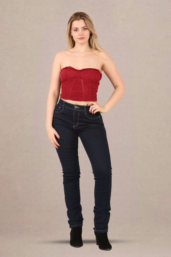Avinci Brick Red Corset Top with Ruching Details - Tops - Avinci