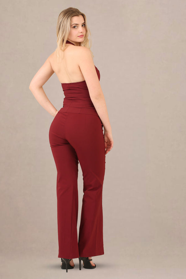 Back left view of tailored waistcoat with wide leg trouser co-ord set