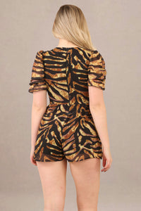 V-neck relaxed fit cotton short sleeve romper animal print back view