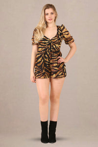 V-neck relaxed fit cotton short sleeve romper animal print front view