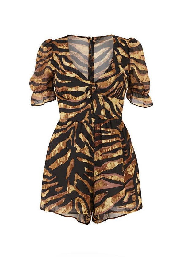 V-Neck Relaxed Fit Cotton Short Sleeve Romper Animal Print