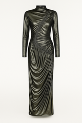 Venechia foil bodycon fit long sleeve maxi dress, shiny fitted evening gown black color