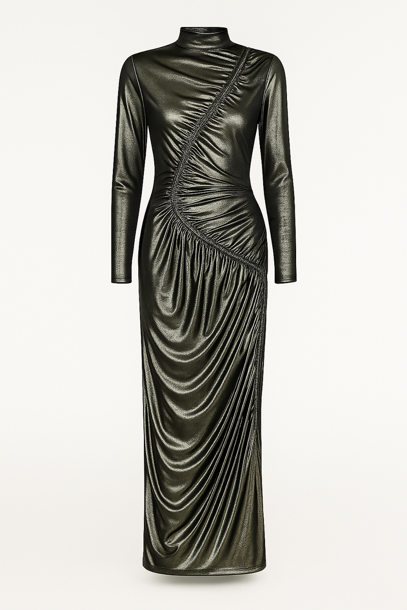 Venechia foil bodycon fit long sleeve maxi dress, shiny fitted evening gown black color