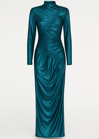 Venechia foil bodycon fit long sleeve maxi dress, shiny fitted evening gown for women