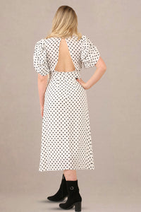 Back view of vintage-inspired puff sleeves polka dot midi dress