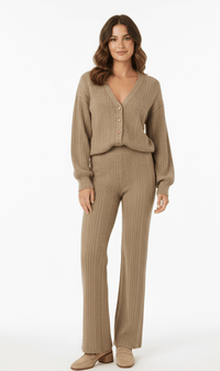 V-neck cardigan and matching wide-leg trousers co-ord set, front view