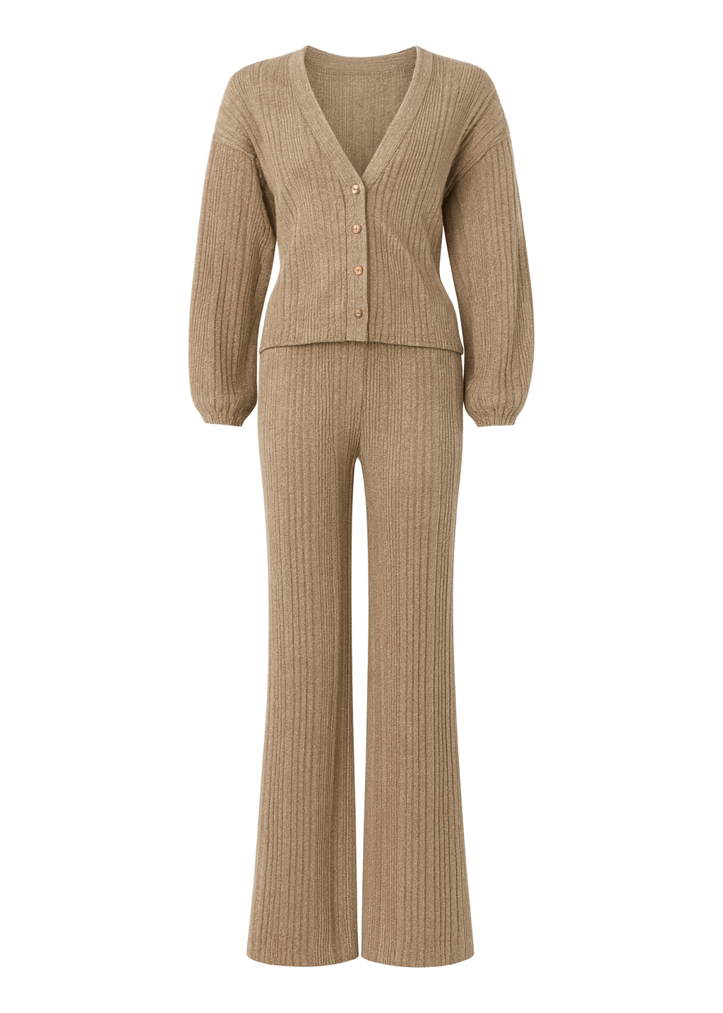 V-Neck Cardigan Matching Wide-Leg Trousers Co-Ord Set