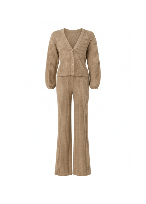 V-neck cardigan and matching wide-leg trousers co-ord set, front general view
