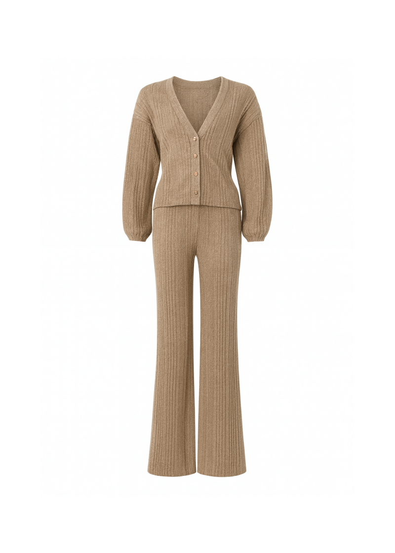 V-neck cardigan and matching wide-leg trousers co-ord set, front general view