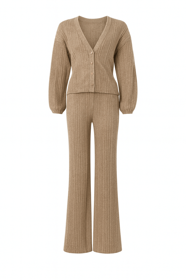 V-neck cardigan and matching wide-leg trousers co-ord set, front general view