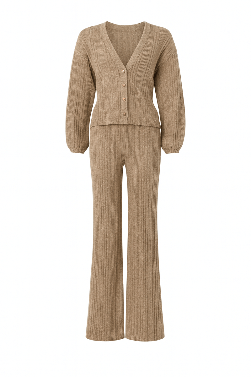 V-neck cardigan and matching wide-leg trousers co-ord set, front general view