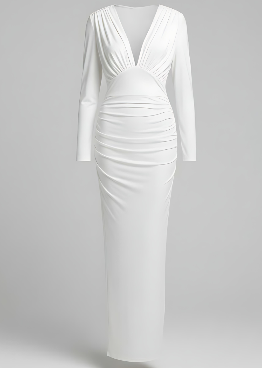 White Long Sleeve Deep V-Neck Ruched Bodycon Maxi Dress