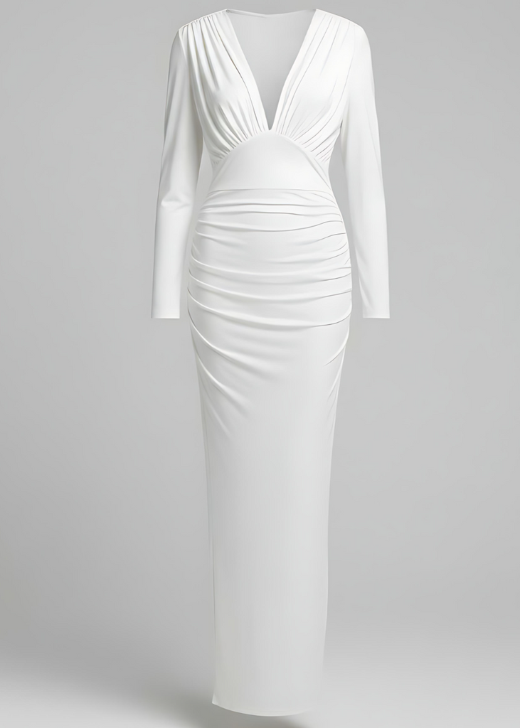 White evening gown with long sleeves on a light gray background