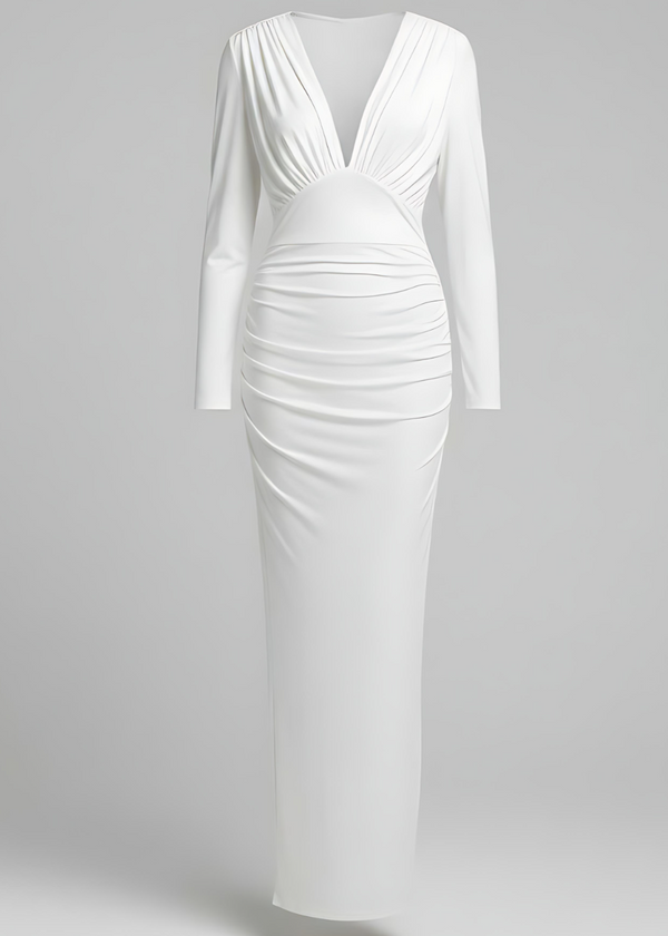 White evening gown with long sleeves on a light gray background