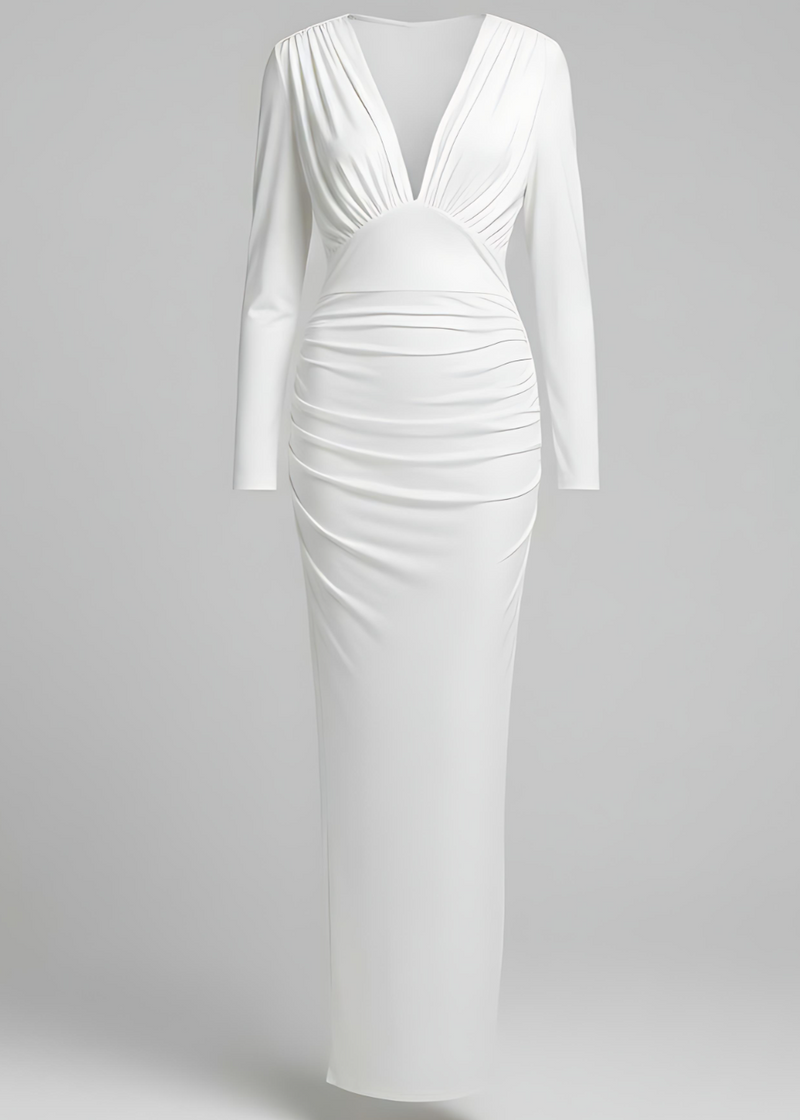 White evening gown with long sleeves on a light gray background