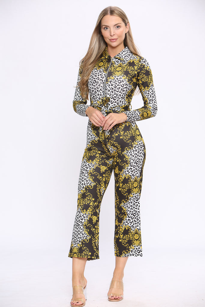 Wide leg fit statement chain print long sleeve jumpsuit, front view