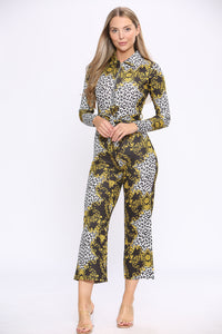 Wide leg fit statement chain print long sleeve jumpsuit, front view