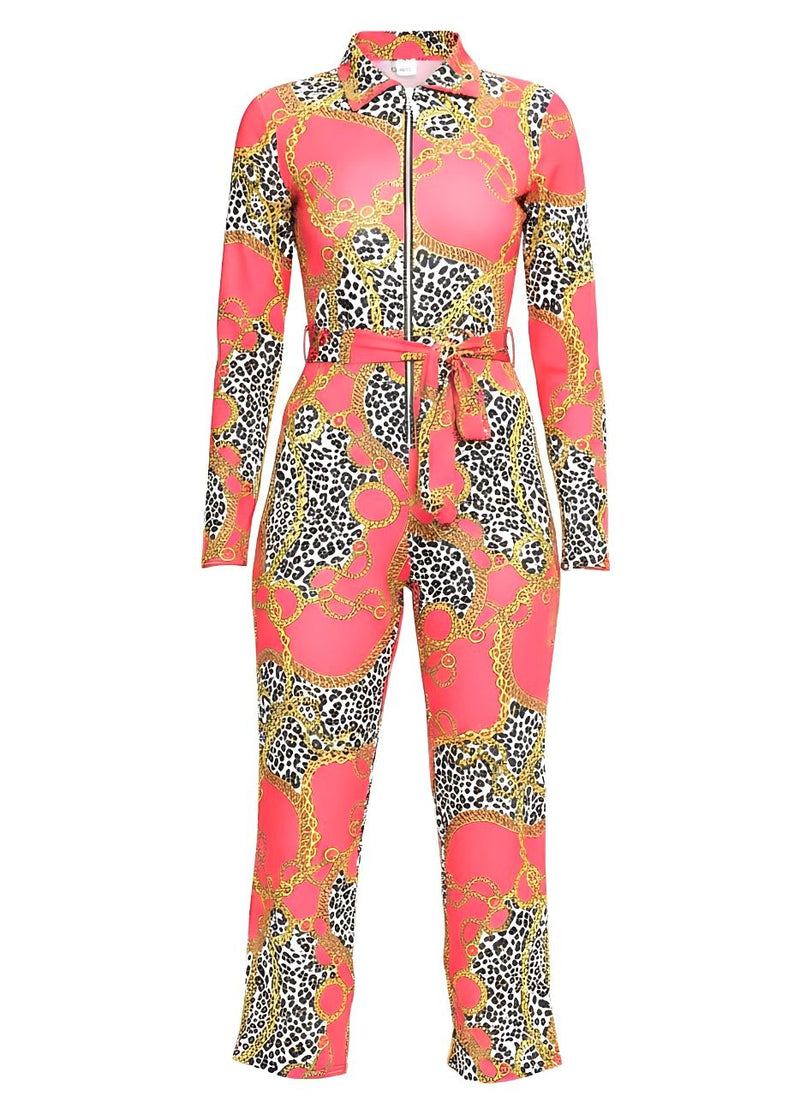 Wide Leg Fit Statement Chain Print Long Sleeve Jumpsuit